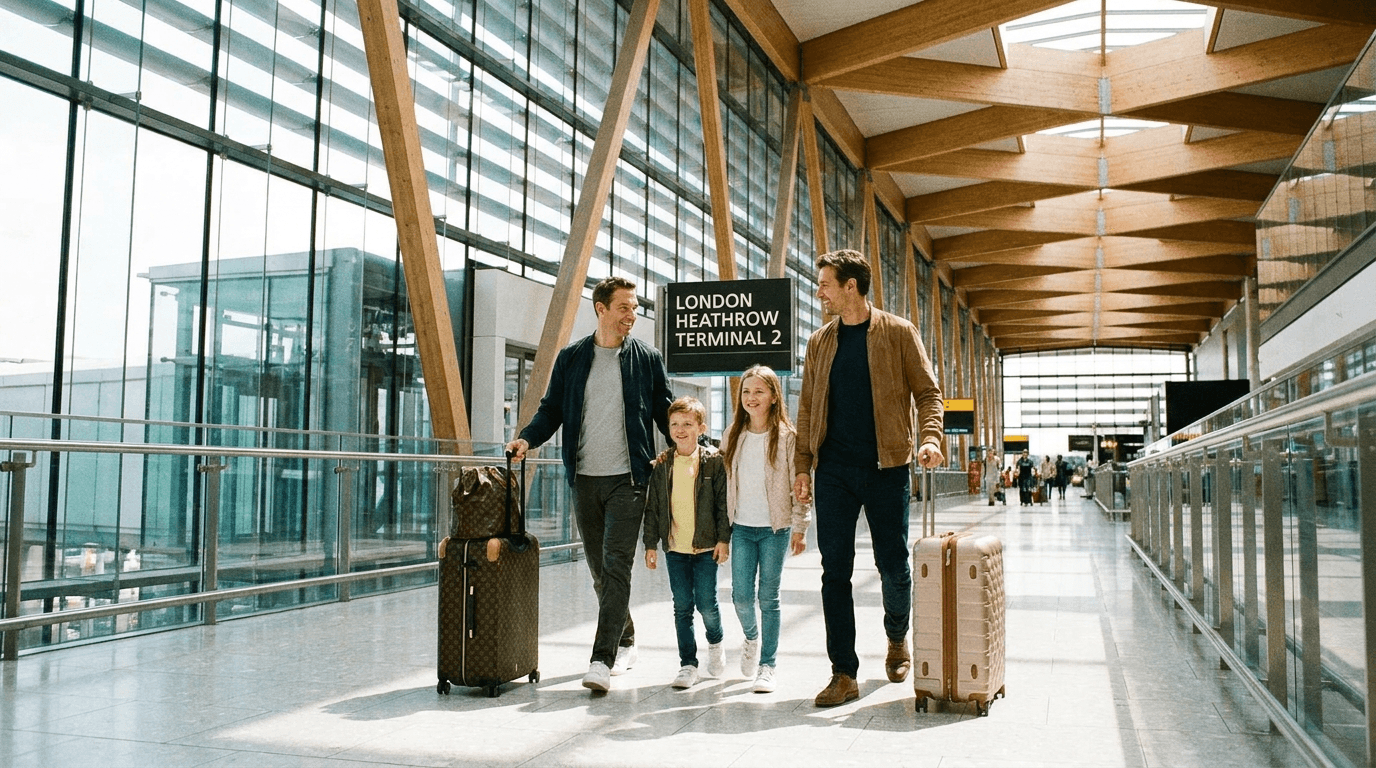 Family arriving at a London airport